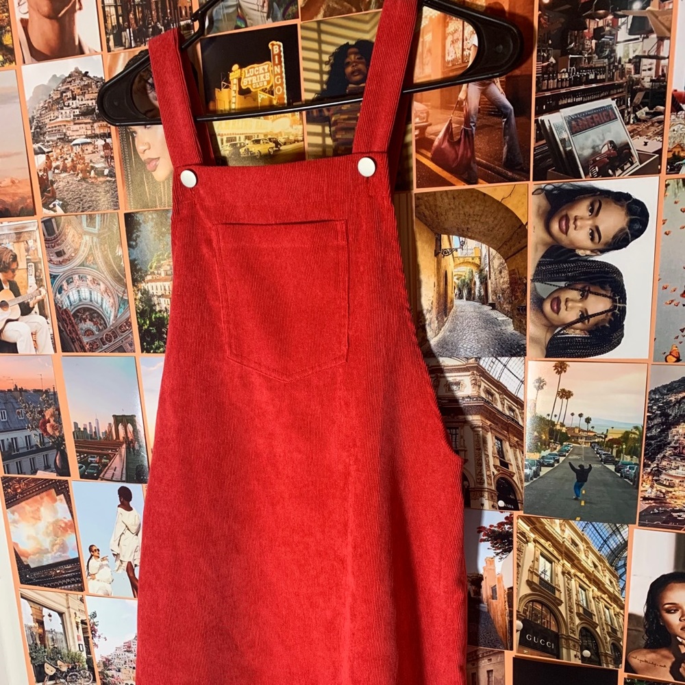 red overall dress!